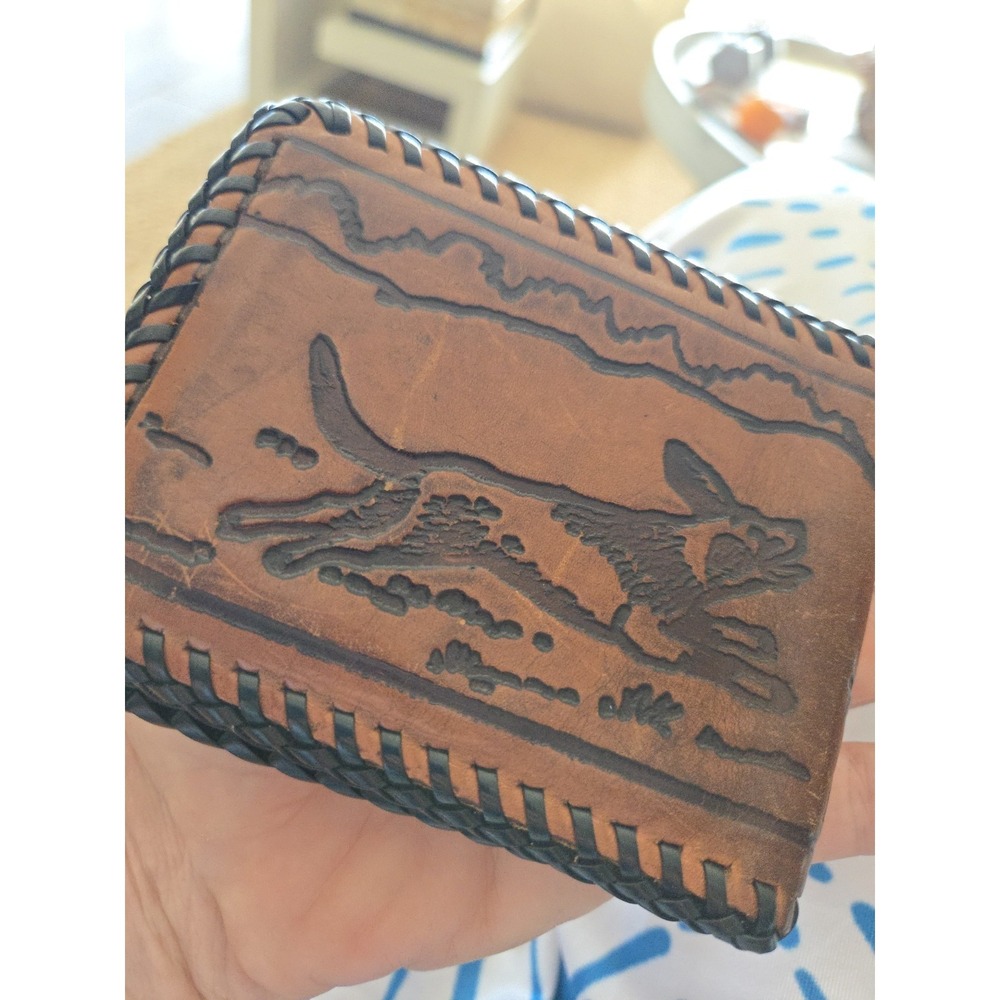 Vintage Wallet Leather Tooled Billfold Dog Chasing Racoon Brown